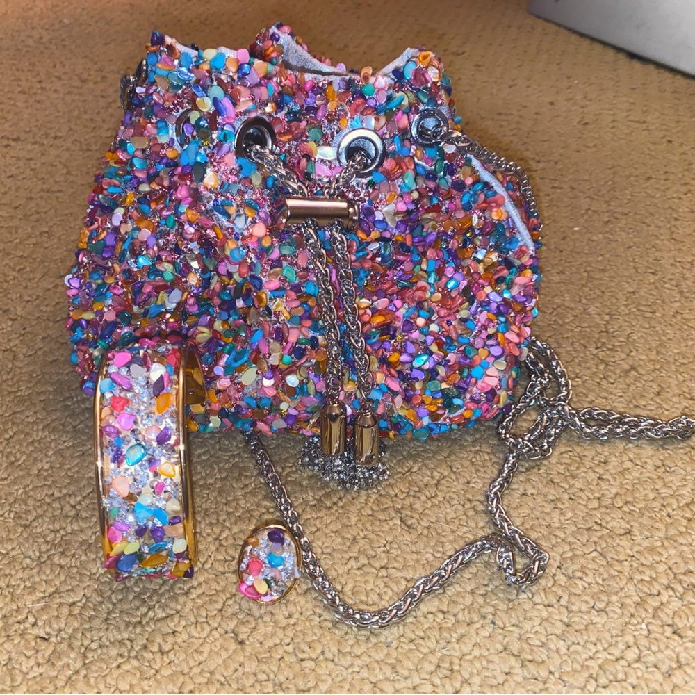 Rainbow Stone Fruity Pebbles Bag, Cuff Bracelet, and Adjustable Ring